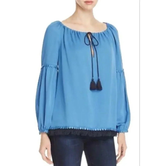 Tory Burch Sylvie Silk Tunic Blouse Blue Navy Lace Tassel Peasant Top Size 4 - Picture 1 of 16
